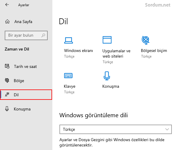 Windows 10 dil ayarları
