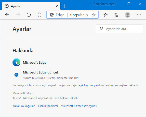 Microsoft edge sürüm numarası nasıl bulunur