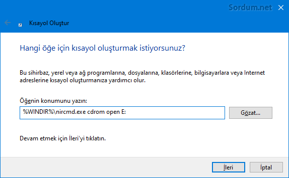 NirCmd ile kısayol oluşturma penceresi