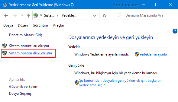sistem onarım diski oluştur