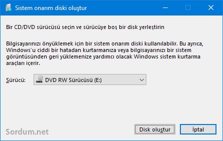 Sistem Onarım diski oluşturma ekranı