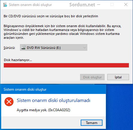 Sistem onarım diski oluşturulamadı