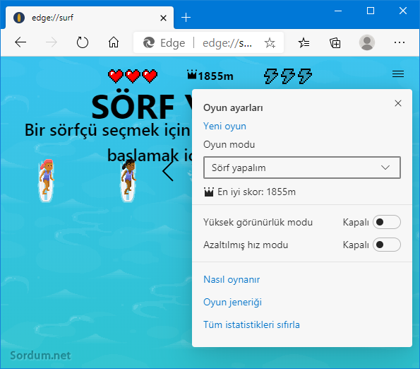 Microsoft EDGE sörf oyunu modları