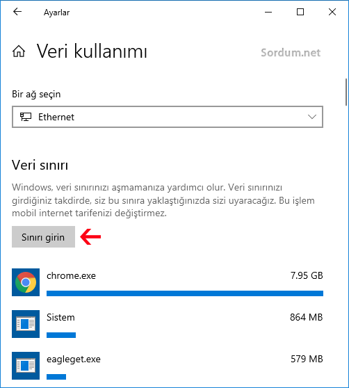 Windows 10 veri kullanım sınırını girin
