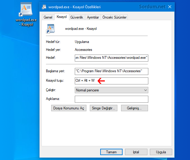 WordPad klavye kısayolu