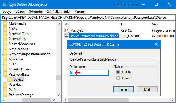 DevicePasswordLessBuildVersion registry anahtarı