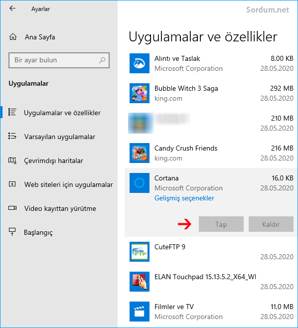 Cortana kaldırma seçeneği pasif