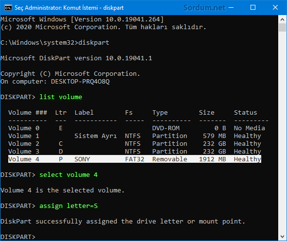 Diskpart ile sürücü harfi değiştir