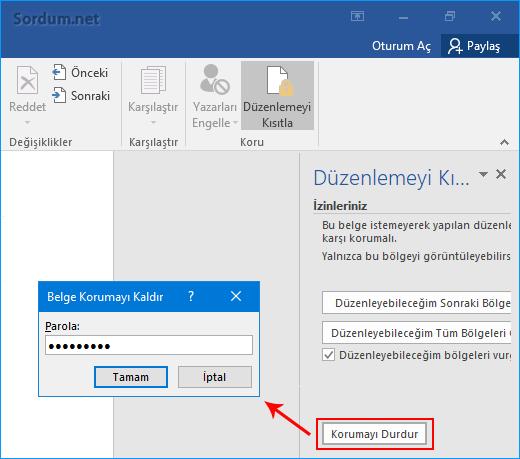 Word belgesinde korumayı durdur