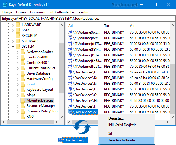 Registryden sürücü harfi değiştir