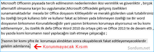 Word belgesinde korunmayacak kısım