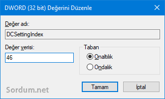 DCSettingIndex Registry kaydı DCSettingIndex Registry kaydı
