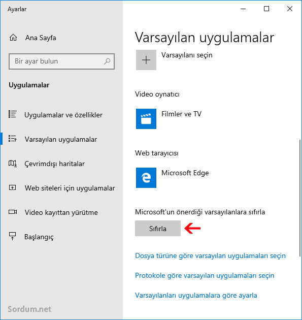 Microsoftun önerdiği varsayılanlara sıfırla