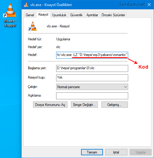 VLC Müzik kısayol kodu