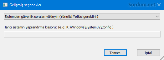 SecurityQuestionsView gelişmiş seçenekler