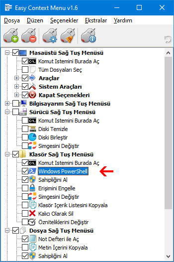 Ec menü ile Powershelli burada aç ilavesi