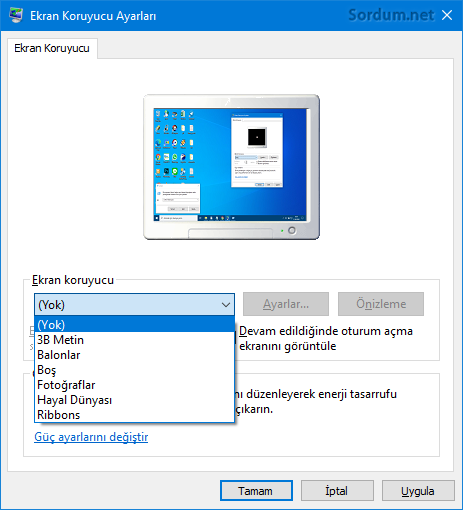 Ekran koruyucu ayarları