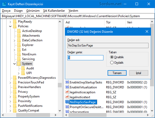 Ekran koruyucu registry ayarları
