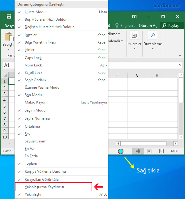 Excel durum çubuğunu özelleştirin