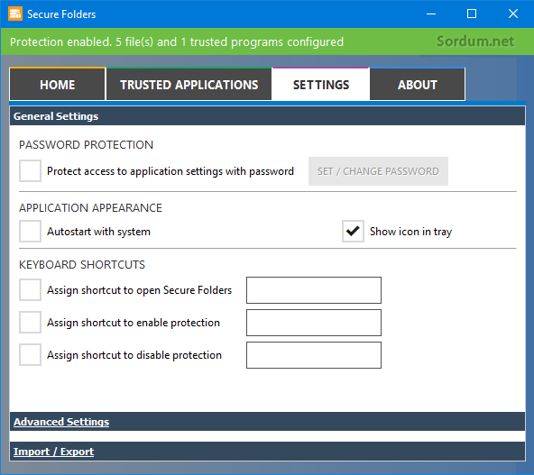 Secure Folders genel ayarları
