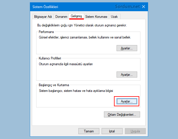 Bşlangıç ve kurtarma ayarları