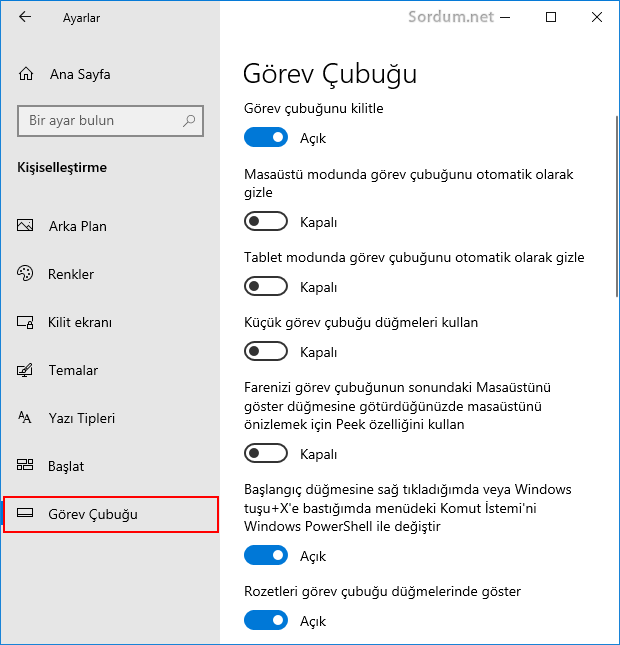 Görev çubuğu Ayarlar sayfası