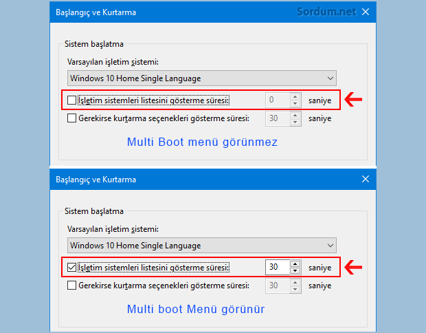İşletim sistemi listesi gösterme süresi