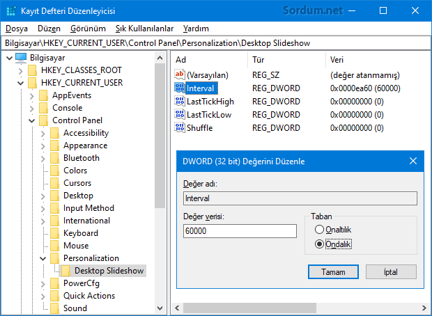 Registryde Slayt gösteri süresi
