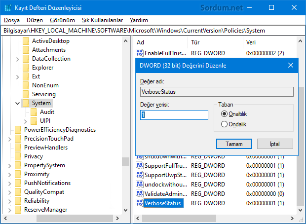 Açılış ve kapanışta durum mesajı registry kaydı