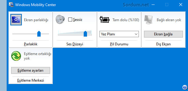 Windows Mobility center ile ekran parlaklığını değiştir