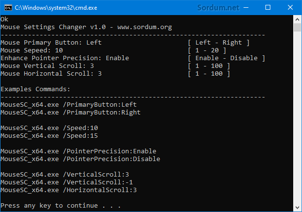 Mouse settings changer cmd parameters