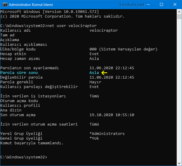 cmd komutu ile Parola süre sonunu bulun