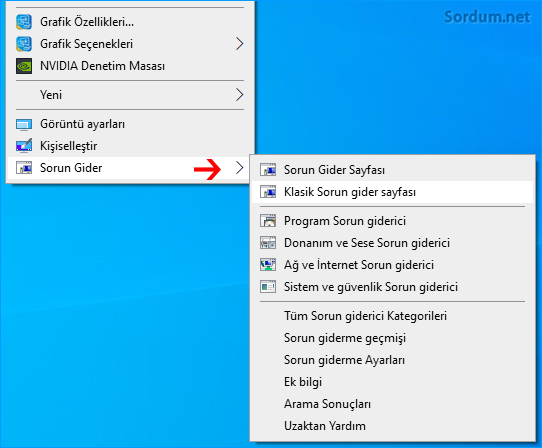 Sağ tuşa sorun giderici ekle