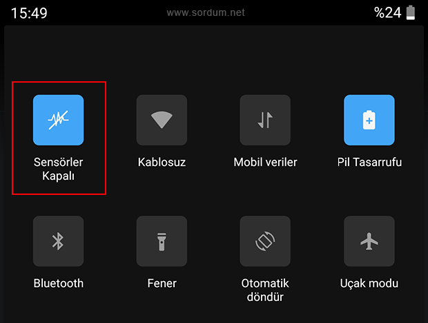 Android telefonda sensörler kapalı ikonu