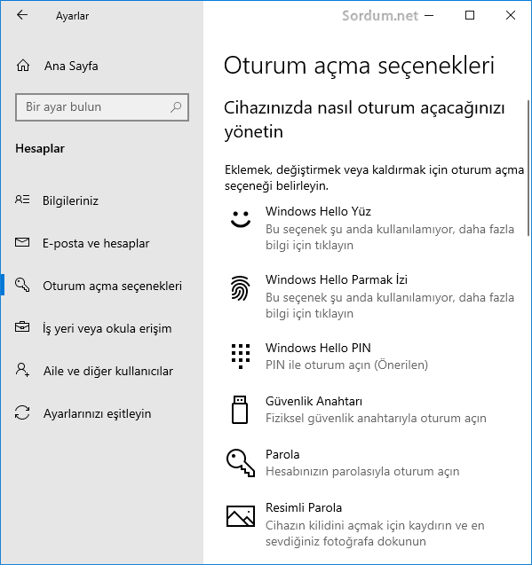 Ayarlar oturum açma seçenekleri