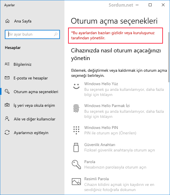 Ayarlar uygulaması oturum açma seçenekleri silik