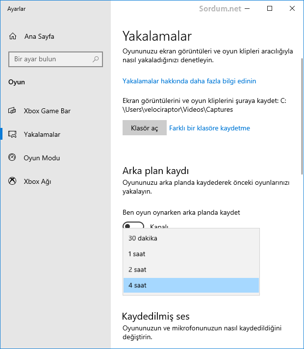 Xbox Game bar Kayıt süresi