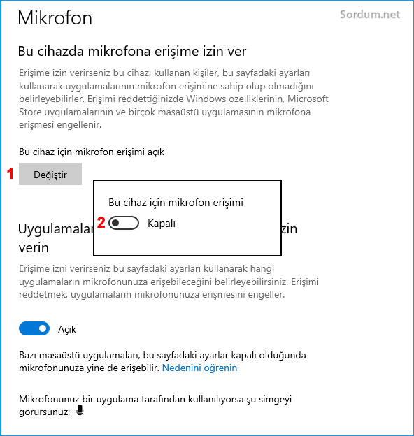Ayarlar uygulaması ile mikrofonu engelle