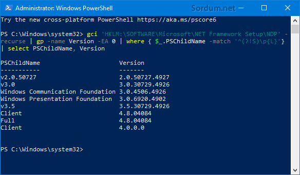 Powershell ile Netframework Sürümü