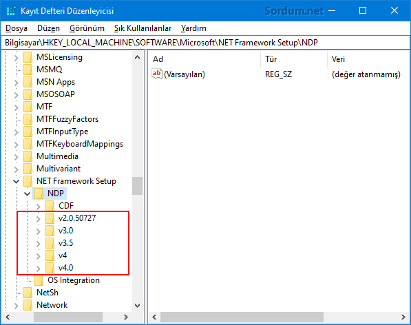 Registryde net framewrok sürümü