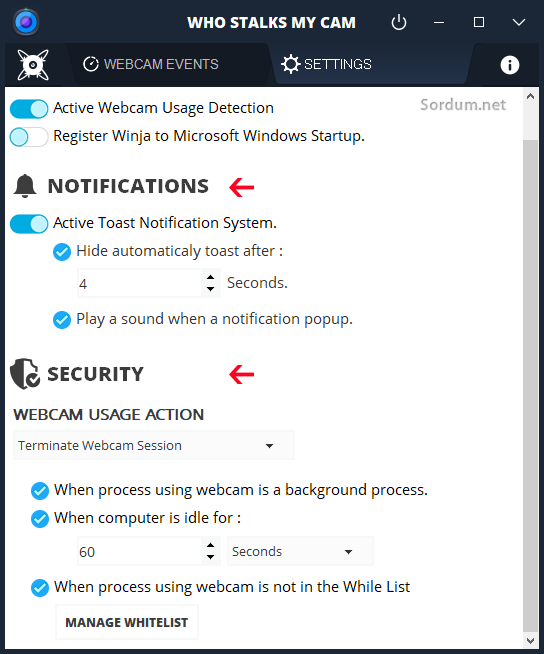 Webcam kullanıldığında uyarı alın