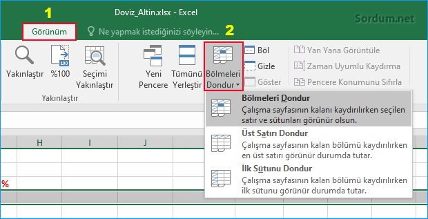 Excelde bölmeleri dondur