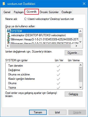Güvenlik sekmesi