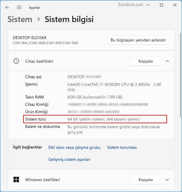 Cihaz özelliklerinden işletim sistemi 32 mi 64 bit mi öğren