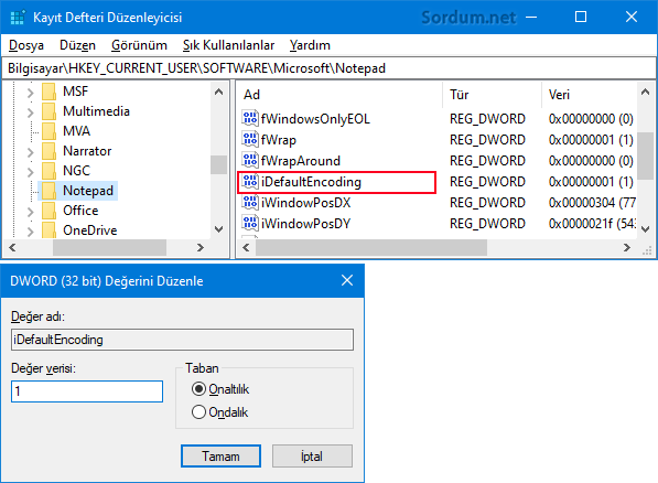 Not defteri varsayılan kodlama türü registry değeri