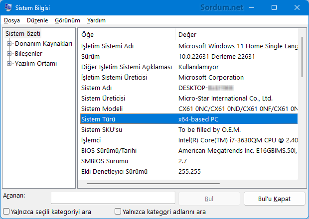 Sistem bilgisi yardımı ile işlemci ve windows un mimarisini bulun