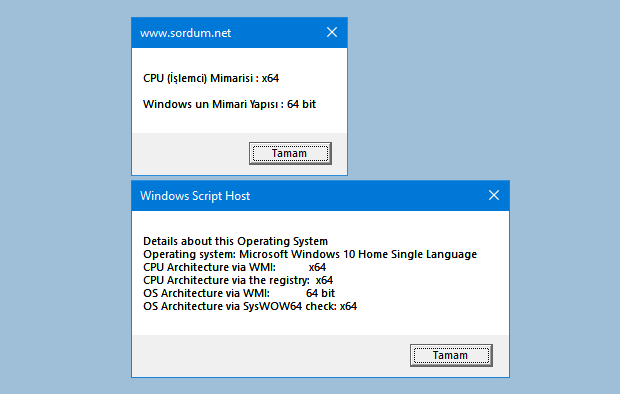 Vbs ile işlemci veya Windows kaç bit bulun