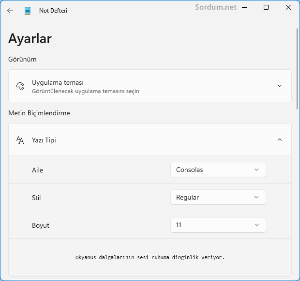 Not defteri font ayarı bozuldu