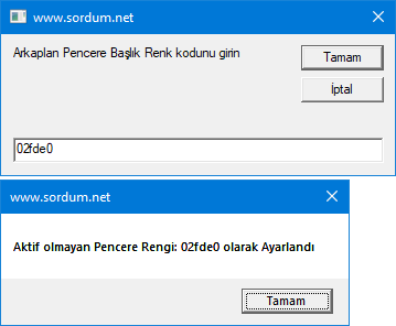 VBs ile Pencere Arkaplan renk kodunu belirle