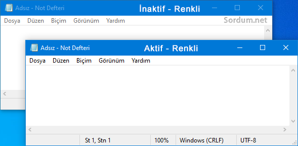 Aktif ve arkaplan pencereler renkli